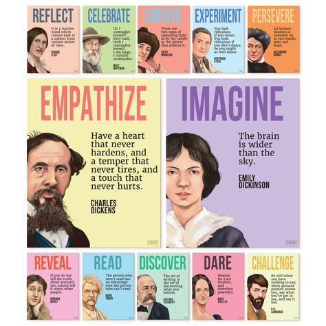 PRICES MAY VARY. INSPIRING LITERARY LEGENDS — These English classroom posters bring the faces and names of revered authors into the lives of students. From Charles Dickens to Mary Shelley, this reading classroom decor bundle honors the literary giants who touched hearts and minds. Invite their timeless wisdom into our everyday lives through these library decorations for school SET THE TONE FOR WONDER — Whether it's at school or in a cozy corner at home, this middle or high school English classro English Story Reading High Schools, Posters For English Classroom, High School English Posters, Classroom Posters Middle School, Classroom Posters High School, High School English Classroom Decor, Classroom Middle School, Middle School Posters, English Classroom Posters