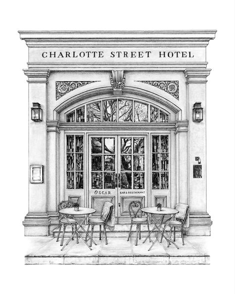 Ink and graphite | #architecturaldrawing #pencilart Hotel Sketch, Charlotte Street Hotel, Bloxburg City, Farmhouse Style Exterior, Fruit Art Drawings, Charlotte Street, Drawing Interior, Drawing Pictures, Building Illustration