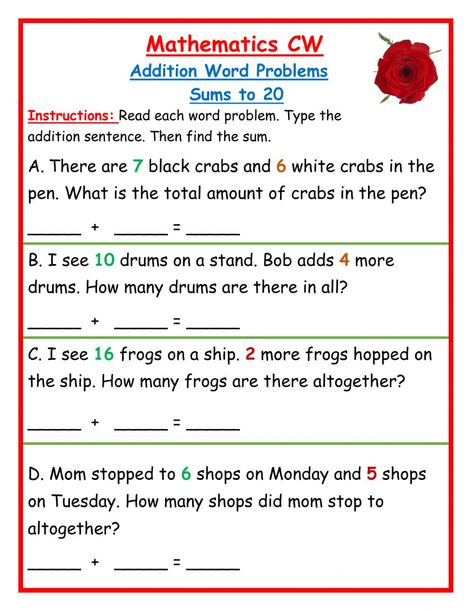 Problem Sums For Class 1, Addition Story Sums For Grade 1, Maths Sums, Math Exam, Writing Comprehension, Plants Worksheets, Maths Worksheet, Math Fact Worksheets, Addition Worksheet