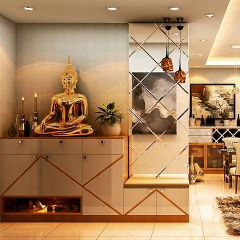 Interior Design Bangalore #interiordecorating #interiordesign #homeinterior #interiorsbangalore #interiordesigner #foyer Foyer Mirror Wall, Mirror In Foyer, Foyer Mirror Ideas, Home Entry Design, Foyer Mirrors, Foyer Designs, Foyer Wall Decor, Foyer Wall, Foyer Entrance