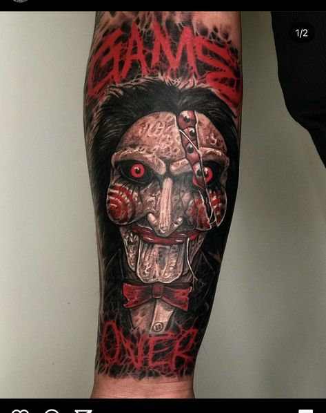 Candy Man Tattoo, Horror Fan Tattoos, Scary Movie Tattoos Sleeve, Billy The Puppet Tattoo, Saw Tattoo Design, Jigsaw Tattoo Design, Django Tattoo, Saw Tattoo Jigsaw, Slasher Tattoo