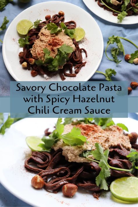 Savory Chocolate Pasta with Hazelnut Chili Cream Sauce - Very Vegan Val Savory Chocolate, Vegan Valentines, Chocolate Pasta, Chocolate Dishes, Creamy Mushroom Sauce, Vegan Chili, Chocolate Party, Pasta Maker, Spicy Chili