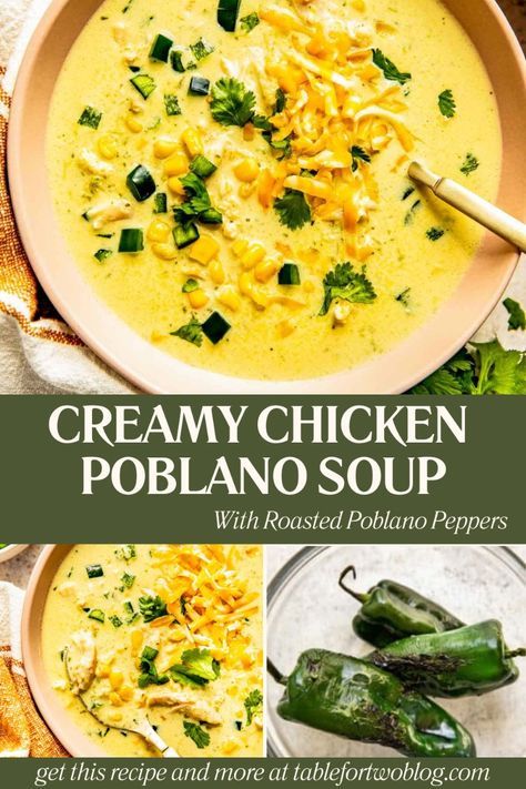 Warm up with our Creamy Chicken Poblano Soup! 🥣🌶️  This hearty and zesty soup is perfect for chilly days. Quick to make and filled with comforting flavors, it's sure to become a favorite.  Try it out and let me know how you like it! Chicken Chile Relleno Soup, Instant Pot Chicken Poblano Soup, Crockpot Poblano Soup, Chilli Relleno Soup, Cheesy Poblano Soup, Poblano Chicken Chili, Poblano Chicken Chowder Soup, Poblano Cream Soup, Poblano Pepper Recipes Chicken