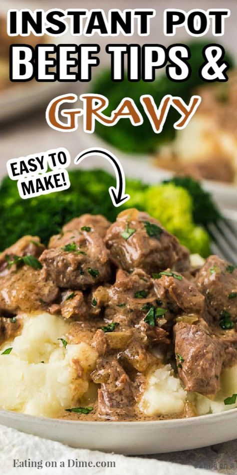 This instant pot beef tip recipe is out of this world! The beef is tender and the gravy is delicious! Try beef tips over rice or pasta. Beef Tips And Noodles Instant Pot, Beef Tips In Instant Pot, Instant Pot Beef Tips And Gravy, Beef Tip Instant Pot Recipes, Beef Tips Over Rice, Instant Pot Beef Tips, Breakfast Crockpot, Beef Tips And Rice, Beef Tips And Noodles