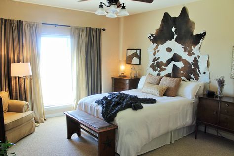 Cow Hide Headboard Beds, Cowhide On Wall Ideas Bedroom, Cow Hide On The Wall, Cow Hide On Wall Decor, Cowhide On Wall, Cow Bedroom Ideas, Cow Print Bedroom Ideas, Cowhide Headboard, Cowhide On Wall Ideas