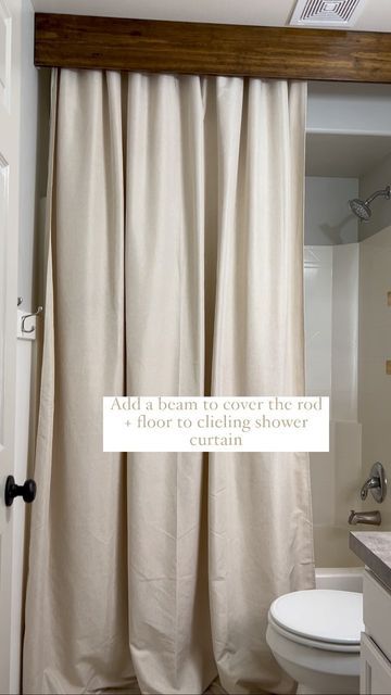 Tall Shower Curtain Ideas, Brown Shower Curtain Bathroom, Floor To Ceiling Shower Curtain, Tall Shower Curtain, Ceiling Shower Curtain, Long Bathrooms Ideas, Double Shower Curtain Rod, Tall Shower Curtains, Shower Curtain With Valance