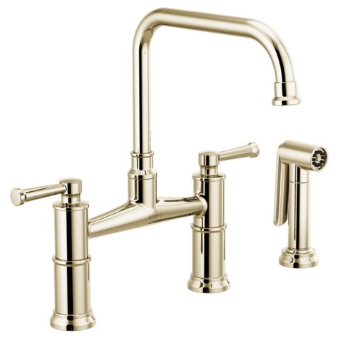 Artesso® | Bridge Faucet with Side Sprayer Brizo Kitchen Faucet, Bridge Kitchen Faucet, Bridge Faucet, Bar Faucets, Kitchen Installation, Stainless Steel Polish, Faucet Handles, Steel Wool, Kitchen Collection