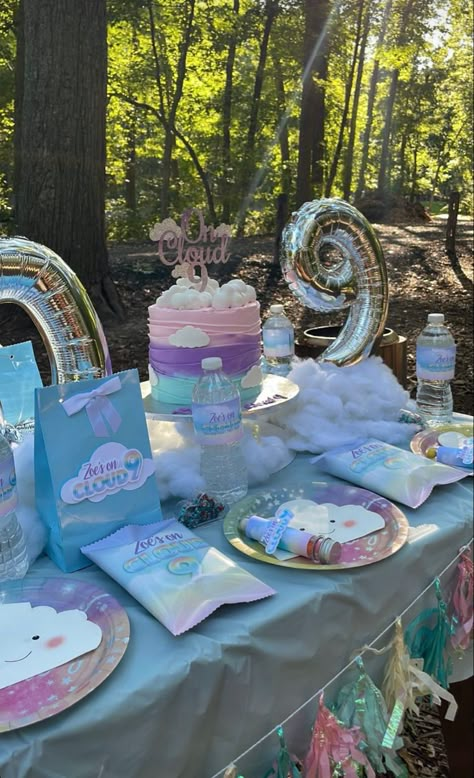 Cloud 9 birthday cake Dream Bday Party, Cloud 9 Slumber Party, Cloud 9 Table Decorations, Girl Birthday Party Ideas 9 Year, Cloud Nine Birthday Party Ideas, Sky Party Theme, On Cloud 9 Birthday Cake, Cloud 9 Birthday Cake, On Cloud Nine Birthday Party