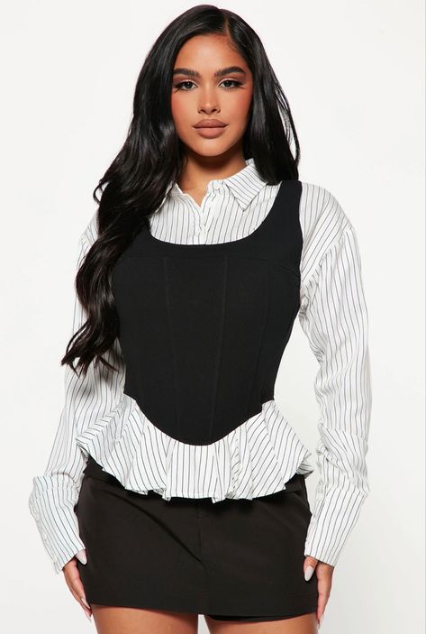 Long Sleeve Corset, Taking Notes, Fall Winter Wardrobe, Brides Wedding Dress, Black And White Blouse, Striped Long Sleeve Shirt, Black White Fashion, Women Shirts Blouse, Shirt Long Sleeve