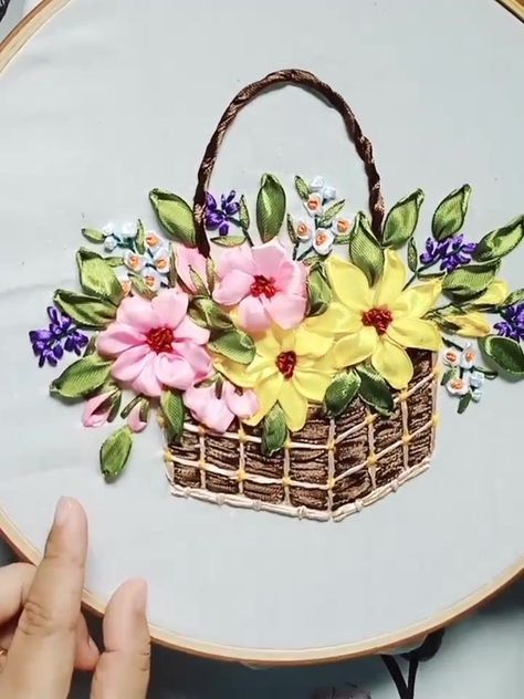 Flowers in Square Basket | Making ribbon Embroidery craft with design of flowers on square basket | By Asnimar Embroidery Ribbon Embroidery Flower Basket, Silk Ribbon Embroidery Tutorial, Design Of Flowers, Dress Design Ideas, Embroidery Shirts, Square Basket, Embroidered Hoop, Clothes Embroidery Diy, Ribbon Embroidery Tutorial