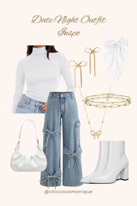 Date Night Outfit Cold Weather, Winter Date Night Outfit Cold, Cold Weather Date Night Outfit, Winter Date Night Outfits, Trendy Date Night Outfit, White Hair Bows, White Ankle Boots, Turtleneck Bodysuit, White Turtleneck