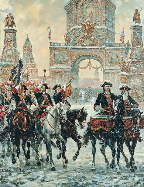 CHURCHILL: Peter the Great's marching band in the Kremlin, by (artist unknown)… Napoleon Painting, Romance Covers Art, Army Poster, Military Poster, Peter The Great, Russian Painting, Russian History, Historical Painting, Architecture Painting