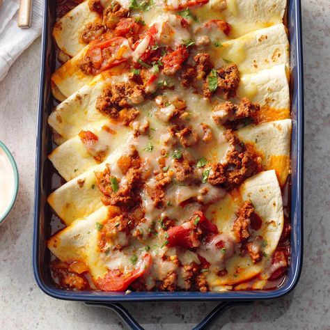 Here's something a little different from the usual tacos— and it's special enough for potlucks or dinner guests.—Deborah Smith, DeWitt, Nebraska Tortilla Bake, Tortilla Shells, Stewed Tomatoes, Dinner Guests, Monterey Jack Cheese, Casserole Dish, Jamberry, Tortillas, Casserole Recipes