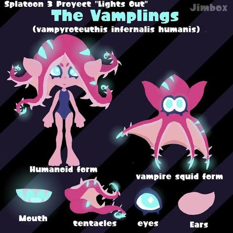 Splatoon Fan Made Species, Splatoon Jellyfish Oc, Custom Splatoon Species, Male Octoling Oc, Splatoon Vampire Squid, Squid Splatoon, Splatoon Oc Ideas, Splatoon Squid Form, Splatoon Species