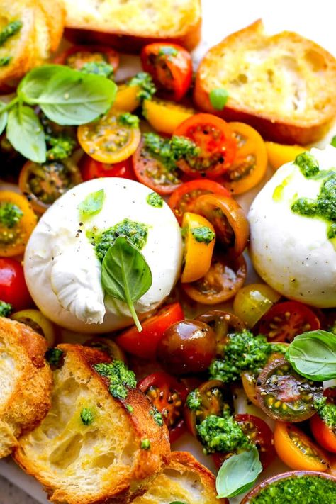 Burrata with Tomatoes & Pesto {Simple Appetizer} - Two Peas & Their Pod Burrata Recipe, Summer Appetizers Easy, Simple Appetizer, Basil Pesto Recipes, Burrata Salad, Grilled Bread, Burrata Cheese, Tomato Pesto, Summer Appetizer