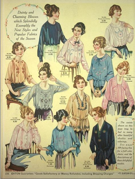 Eaton's Catalogue for 1920-21: Ladies Blouses (Plate 2 of 2) | by CharmaineZoe's Marvelous Melange Lana Lobell, 1921 Fashion, 1920s Blouse, Edwardian Clothes, Radium Girls, 1920 Dress, Costume Inspirations, 1920s Women, 1920's Fashion