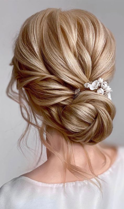 updo, wedding hairstyles, wedding updos, bridal updos #weddinghair #hairstyles Bridal Hair Updo Elegant Front View, Wedding Updo 2023, Relaxed Updo Wedding, Bridal Hair Low Bun With Veil, Low Bun Front View, Updo Pearls, Textured Updo Wedding, Bridal Hair Low Bun, Womens Updo