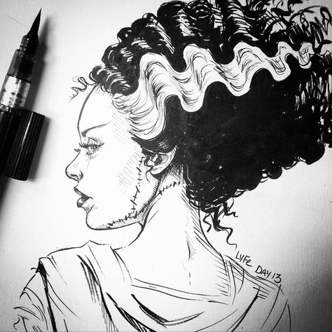 Frankenstein Tattoo, The Bride Of Frankenstein, Frankenstein Art, Horror Drawing, Art Models, Models Style, Queen Anime, Art Manga, Tattoo Meaning