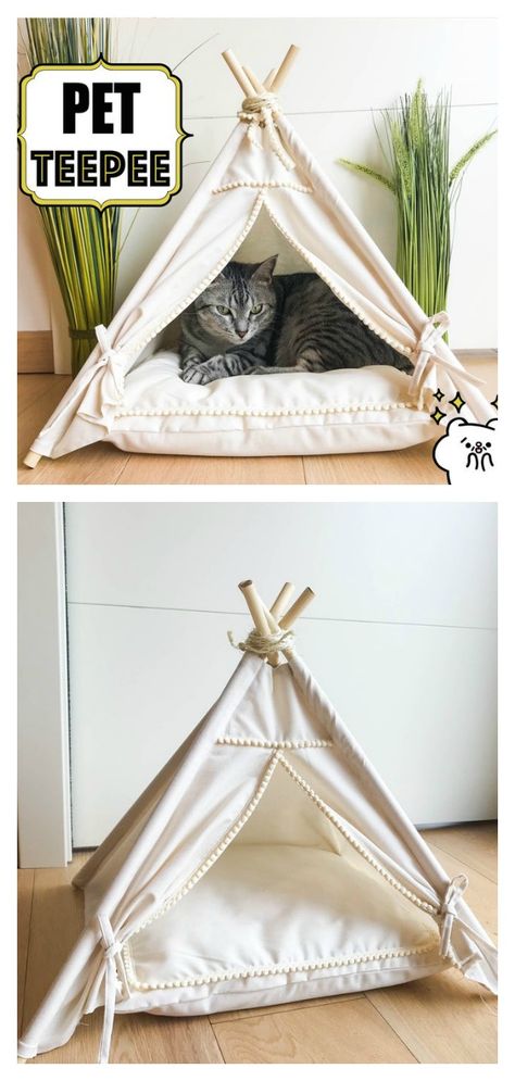 Pet Teepee House Free Sewing Pattern Diy Cat Tipi, Diy Pet Projects, Diy Pets Ideas, Diy Covered Cat Bed, Cat Bed Diy Sewing, Diy Cat Beds, Diy For Cats, Diy For Pets, Teepee House