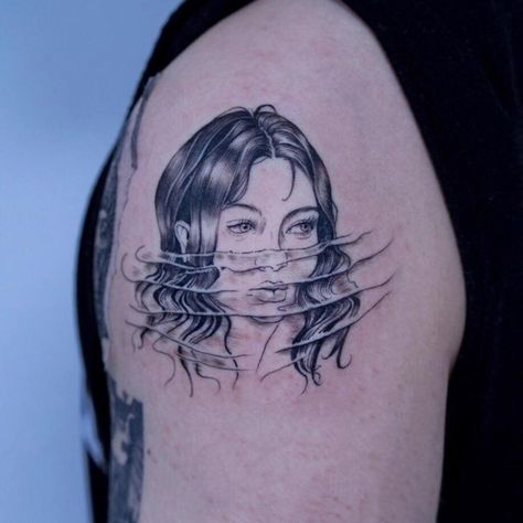 Woman in water by Oozy Tattoo private studio Seoul Head In Water Tattoo, Woman In Water Tattoo, Head Above Water Tattoo, Water Reflection Tattoo, Oozy Tattoo, Reflection Tattoo, Japanese Demon Tattoo, Woman In Water, Japanese Demon