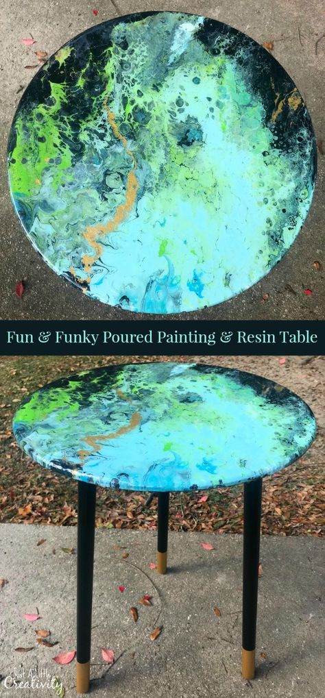 Fun & Funky Poured Painting & Resin Table Table Top Painting Ideas, Painted Table Top Designs, Poured Painting, Painted Table Tops, Resin Pouring, Diy Resin Table, Resin Patio Furniture, Painting Resin, House Dressing