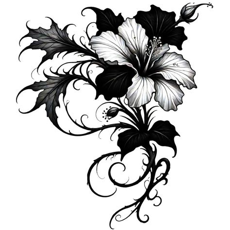 Blacked Out Flower Tattoo, Gothic Flowers Drawing, Creepy Flower Tattoos, Gothic Flower Drawing, Black Work Flower Tattoo, Black Work Floral Tattoo, Gothic Leaves Tattoo, Goth Floral Tattoo, Gothic Flowers Tattoo