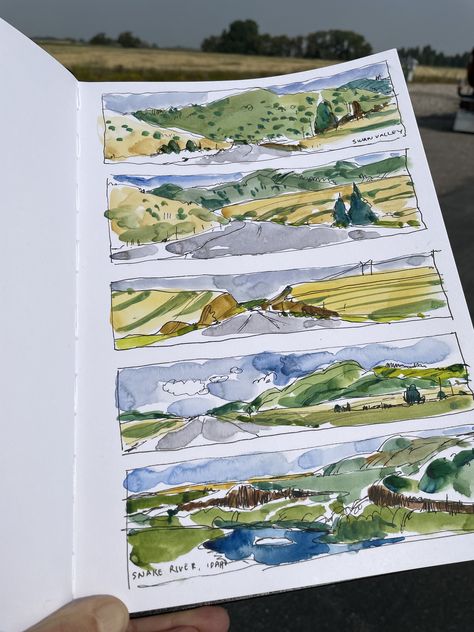 Landscape Sketch Watercolor, Urban Sketching Landscape, Road Trip Sketch, Horizontal Sketchbook, Vanlife Drawing, Travel Watercolor Journal, Traveling Sketchbook, Idaho Watercolor, Utah Watercolor