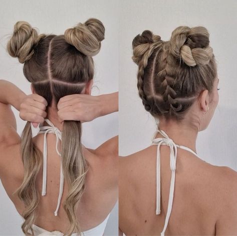 Pool Day Braided Area Buns 💦🔫☀️ | Pool Day Braided Area Buns 💦🔫☀️ | By SimpleFacebook Check more at https://howcandothis.com/hairstyleideas/pool-day-braided-area-buns-%f0%9f%92%a6%f0%9f%94%ab%e2%98%80%ef%b8%8f-pool-day-braided-area-buns-%f0%9f%92%a6%f0%9f%94%ab%e2%98%80%ef%b8%8f-by-simplefacebook/ Summer Up Dos Long Hair, Chic Bun, Braided Space Buns, Rave Hair, Space Buns, Peinados Fáciles Para Cabello Corto, Pool Day, Hair Stylies, Work Hairstyles