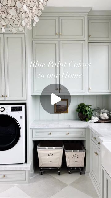 Tricia Crist on Instagram: "I spent SO many hours picking our paint colors! And there are an abundance of beautiful blues out there! Here are the ones I chose! ~Farrow & Ball skylight for our front door, Dutch door and our shutters ~Farrow & Ball light blue which we cut by 25% to lighten it up! We used this in the laundry room, 2 bedrooms, and 1 bathroom ~Providence blue by Benjamin Moore for a moody office *What is your favorite blue paint? #bluepaint #interiorpaint #homepainting #bluedoors #laundryroom #customhomebuild #bluepainting • • • • • Paint colors | blue doors | blue paint | laundry room |custom home build" Farrow Ball Skylight, Blue Laundry Room Cabinets, Paint Laundry Room, Light Blue Laundry Room, Farrow Ball Light Blue, Paint Colors Blue, Light Blue Grey Paint, Blue Powder Room, Doors Blue