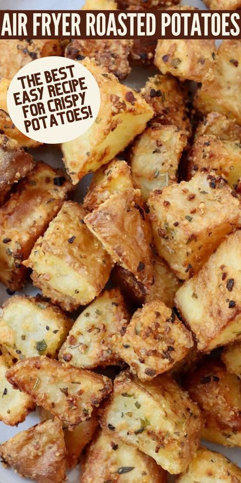 seasoned, roasted, cubed potatoes on a plate Potato Recipes Air Fryer, Air Fried Potatoes, Air Fryer Roasted Potatoes, Gold Potato Recipes, Potatoes In Air Fryer, Gluten Free Side Dish, Air Fry Potatoes, Butter Potatoes, The Best Air Fryer