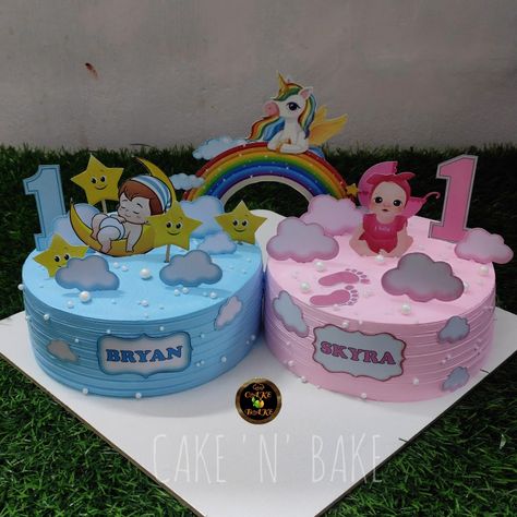 Twin Birthday Cakes Boy And Girl, Cake For Twins Boy And Girl, Twins Cake Design, Birthday Cake For Twins Boy And Girl, Twin Baby Birthday, Twin Baby Shower Cake, Topper Kue, Twin Birthday Cakes, Twins Cake