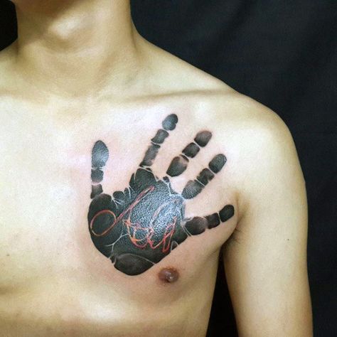 Black Ink Handprint With Red Ink Name Mens Chest Tattoos Hand Print Tattoo For Guys, Handprint Tattoo Men, Hand Print Tattoo Ideas, Handprint Tattoo Ideas, Hand Print Tattoo, Handprint Tattoo, Hand Print Tattoos, Good Family Tattoo, Medium Size Tattoos