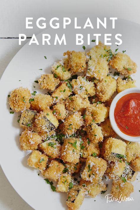 Eggplant Parm Bites via @PureWow via @PureWow Eggplant Bites, Tapas Night, Fancy Appetizers, Eggplant Parm, Best Side Dishes, Eggplant Recipes, Veggie Dishes, Parmesan Cheese, Parma