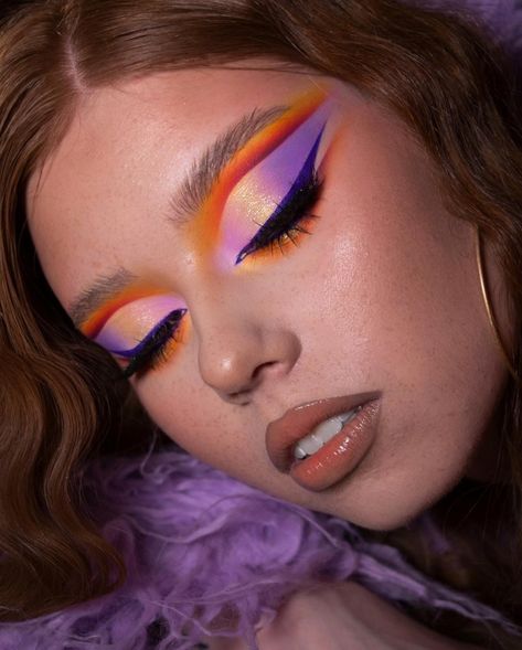 Complementary Makeup Looks, Orange And Purple Makeup Looks, Purple Orange Makeup Look, Purple Orange Eye Makeup, Blue And Orange Eyeshadow Looks, Orange Purple Makeup, Purple And Orange Eyeshadow, Orange And Purple Makeup, Full Color Makeup