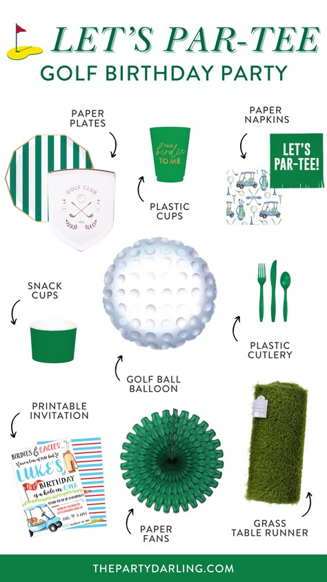 A collage of golf party decorations, including plates, napkins, cups, a balloon, and a printable invitation for a golf birthday party. Golf Party For Men, 30th Birthday Ideas For Men Golf, Golf Thirty Birthday, Fore Golf Theme Birthday, 30th Golf Birthday, Par Tee Golf Party, Golf Retirement Party Ideas, Golf Theme Party Ideas, Golf 30th Birthday Party