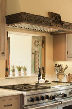 Carved Shutters Design Ideas, Pictures, Remodel, and Decor Wooden Vent Hood, Serving Hatch, Mediterranean Kitchen Design, Pass Through Window, Wood Range Hood, Mediterranean Kitchen, Tuscan Villa, Old Kitchen, Kitchen Diner