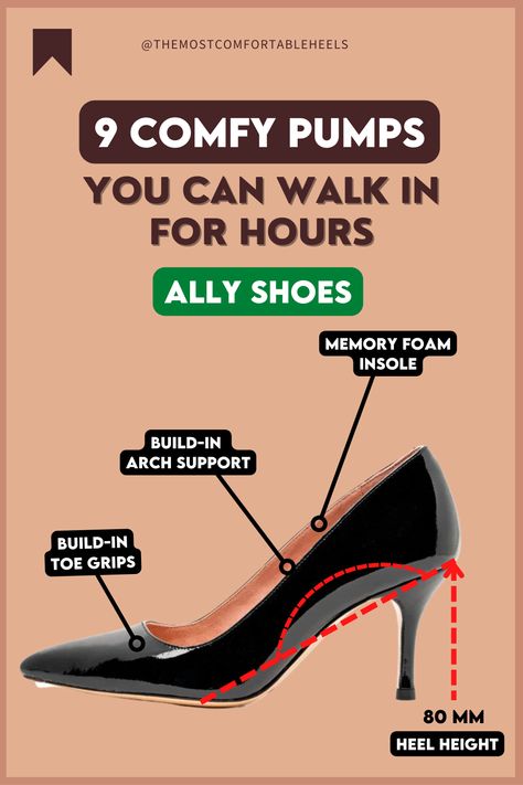 In this post you can see a pair of pump heels by Ally Shoes. In this post you can see why Ally Shoes are comfortable pumps. Ally shoes pumps are comfortable because of their pumps with memory foam insoles, build-in arch support, buid-in toe grips and 3.5 inch which is 80 mm heel height. These pumps are made for walking so you can wear your pumps confidently without pain. Comfortable Pumps For Work, Work Heels Comfortable, Women’s Pumps, How To Wear Heels Comfortably, Work Heels Women, Comfortable Heels For Women, Comfy Black Heels, Black Pumps Heels Outfit, Classic Pumps Heels