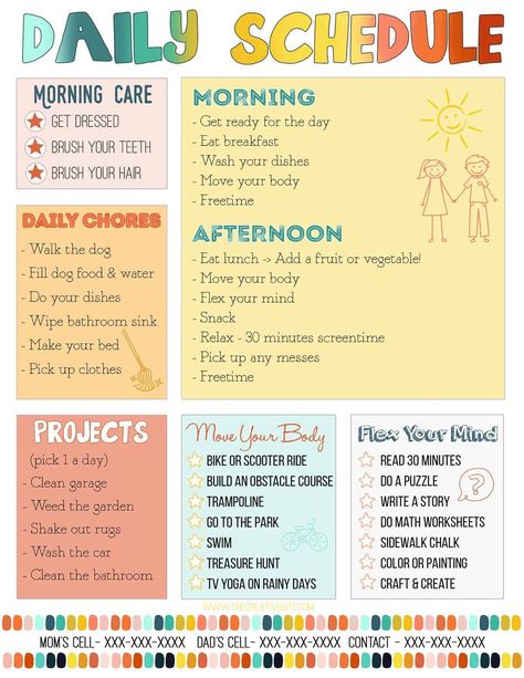 Summer Daily Chores For Kids, Daily Family Schedule Routine Chart, Diy Schedule Board Daily Routines, Summer Sahm Schedule, Kids Summer Cleaning Schedule, Summer Break Routine For Kids, Mom Chore Chart Daily Routines, Summer Activity Schedule For Kids, Summer Daily Schedule For Kids At Home