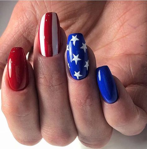 4th July Nails, White Blue Nails, Red White Blue Nails, American Flag Nails, July 4th Nails, 4th Nails, Patriotic Nails Design, Short Coffin Nails Designs, 4th Of July Nail