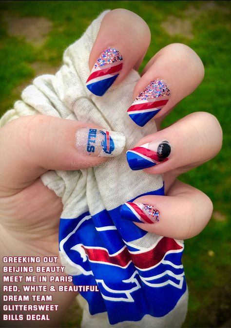 Greeking Out, Beijing Beauty, Meet Me in Paris, Red, White & Beautiful, Dream Team, Glittersweet- Bills Decal Buffalo Bills Nails Design, Toronto Blue Jays Nail Art, Blue Baseball Nails, Texas Rangers Nails Design, Red And Blue Nails, Buffalo Bills Zubaz Nails, Buffalo Bills Nails, Acrylic Nails Coffin Short, Acrylic Nails Coffin