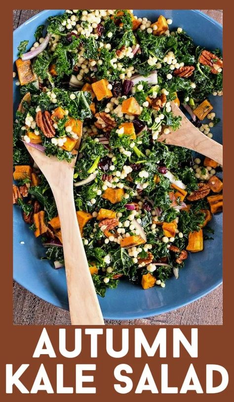 Chopped kale with roasted sweet potato, pearl couscous, pecans, dried cranberries, and sliced onion, all tossed together with a maple citrus vinaigrette #recipe #kale #salad #sweetpotato #cranberries #fall #autumn #healthy #easy Roasted Vegetable Kale Salad, Autumn Kale Salad, Kale Sweet Potato Salad, Quick Healthy Lunch, Fresh Summer Salad, Side Dishes For Chicken, Greek Salad Recipes, Superfood Salad, Autumn Salad