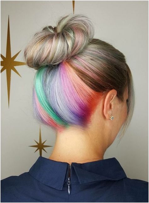 Rainbow hair: 30 crazy rainbow hair color inspirations - #hairstyles #uneven #hair #underneath #dyed hairstyles for underneath dyed hair Hidden Rainbow Hair, Pinterest Women, Hidden Hair Color, Pastel Rainbow Hair, Peekaboo Hair Colors, Underlights Hair, Hair Color Underneath, Peekaboo Hair, Rainbow Hair Color