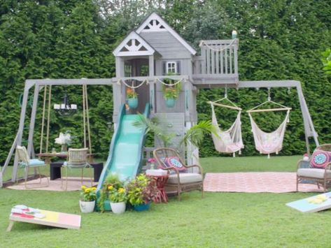 Playset Makeover For Adults, Old Swingset Makeover, Backyard Teenage Hangout, Teen Backyard Hangout, Playset Remodel, Outdoor Playset Makeover, Kids Playground Backyard, Backyard Kids Ideas, Swing Set Makeover