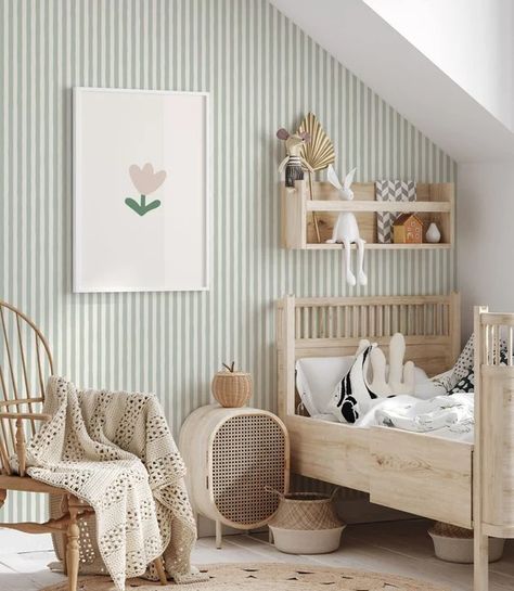 wallpaper in wall boxes in nursery - Google Search Nursery Animal Wallpaper, Green Stripe Nursery, Stripped Wallpaper Wall, Kids Room With Wallpaper, Peel And Stick Wallpaper Stripes, Neutral Stripe Wallpaper, Stripe Wallpaper Nursery, Vintage Striped Wallpaper, Nursery Ceiling Wallpaper