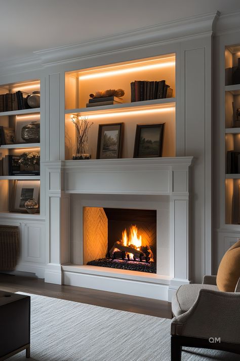 Recessed Gas Fireplace, Small Office With Fireplace, Custom Living Room Built Ins, Built In Fireplace With Shelves, Wood Fireplace Built Ins, Beige Built Ins, Built In Media Wall With Fireplace, Built In Bookshelves Around Fireplace, Fireplace With Built Ins On Both Sides