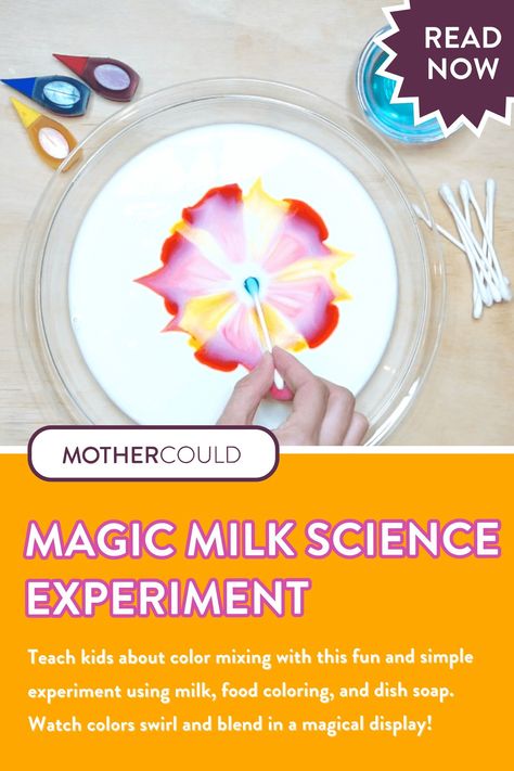 Watch colors swirl and mix in this Magic Milk Science Experiment! Perfect for teaching kids about primary colors and creating new ones. It's a fun way to use expired milk and create stunning kaleidoscope-like patterns. Hands-on learning has never been so colorful! #KidsScience #DIYExperiments #LearningFun Explosion Science Experiments, Magic Milk Science Experiment For Kids, Milk And Food Coloring Experiment, Explosion Magic, Milk Experiment, Milk Science Experiment, Magic Milk, Science Experiments Kids Easy, Kids Stem Activities