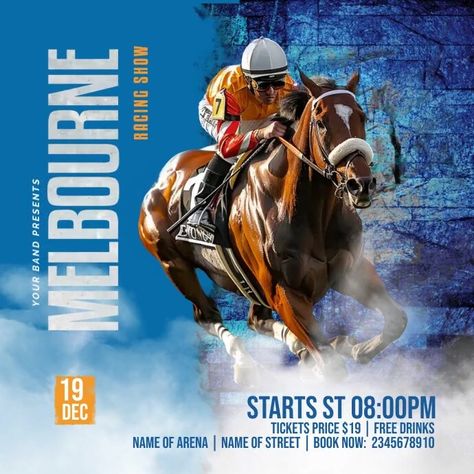 Melbourne Racing Show Horse Racing Poster Design, Horse Poster Design, Dog Racing, Cricket Poster, Linkedin Background Image, Sports Templates, Linkedin Banner, Kindle Book Cover, Horse Posters