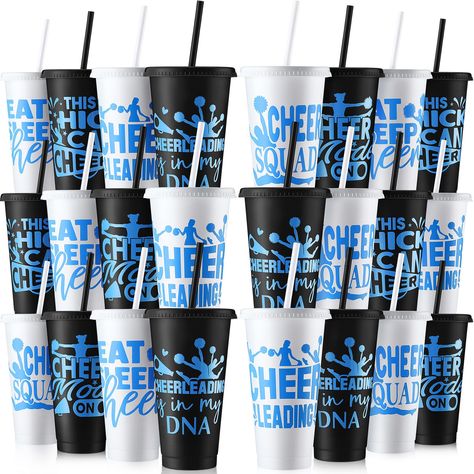 PRICES MAY VARY. What You Will Receive: our cheer gifts bulk for teams include 12 reusable cups with lids and straws, available in attractive black and white colors; These cups are ideal for practice, games, and parties, allowing everyone to enjoy their drinks in style; With enough cups for daily use and replacements, they are a must have for any cheerleading team Team Spirit: featuring a variety of stylish cheerleading patterns and inspiring slogans, these cups combine fashion and function to d Cheer Spirit Gifts Ideas Goodie Bags, State Cheer Competition Gifts, Cheer Water Bottles, Cute Cheer Gifts, Cheer Competition Gifts, Class Reunion Planning, Cheer Squad Gifts, Cups With Lids And Straws, Cheerleader Gifts