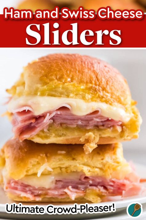 A close-up of delicious ham and Swiss cheese sliders on Hawaiian rolls, perfect for parties or quick dinners, featuring melted cheese and thinly sliced ham. Ham And Cheese Hawaiian Rolls Easy, Ham Swiss Sliders Hawaiian Rolls, Ham And Swiss Cheese Sliders, Hawaiian Roll Sandwiches, Sweet Hawaiian Rolls, Sliders Recipes Hawaiian Rolls, Dip Appetizers, Ham And Swiss Sliders, Party Appetizer Recipes