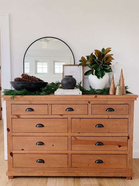 Sugar Pine Cones, Dresser Console, Console Decor, Vintage Skis, Cozy Winter Decor, Holiday Bedroom, Plaid Rug, Holiday Home Tour, Bedroom Styling